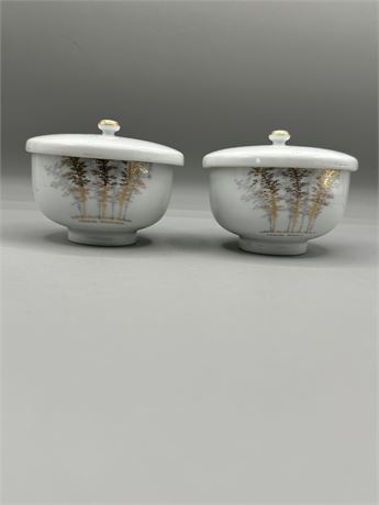 Set of 2 Hand Painted Gold & Gray Bamboo Tree Sugarbowl