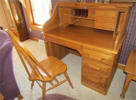 Solid Oak Roll Top Desk with Oak Chair