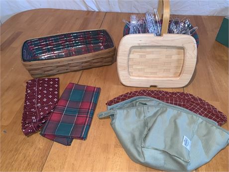Longaberger Picnic Utensil Basket, Bread Basket, and Fabric Liners