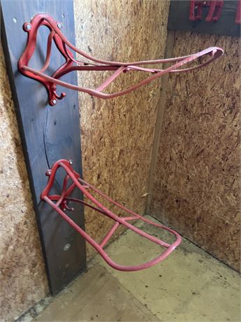 Red Steel Saddle Holder Mounted to wall Lot of 2