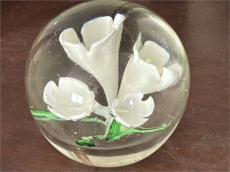 Art Glass Paperweight With White Floral Design