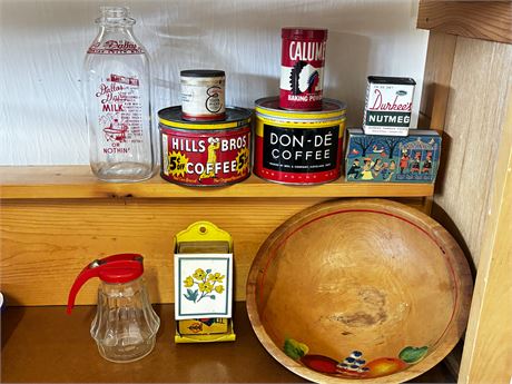 Vintage Kitchen Lot Milk Bottle Don Dee Coffee Matchbox Holder Wood Bowl