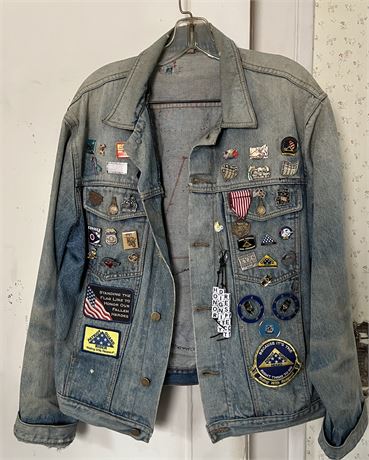 Motorcycle Jean Jacket with Pins and Patches