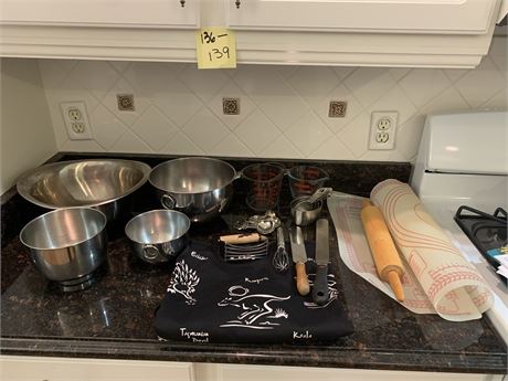 Stainless Steel Mixing Bowls, Pyrex Measuring Cups, Tupperware Mat, & More