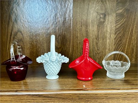 Lot Of 4 Glass Baskets White Hobnail Fenton Cranberry Hearts And Red
