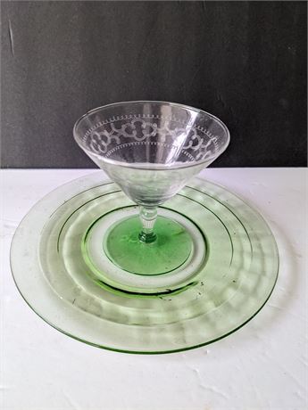 Vintage Green Uranium Glass Footed Etched Glass with Green Glass Plate