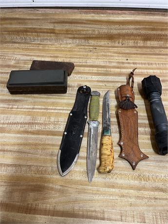 Hunting Knives, Sharpening Stone, and Flashlight