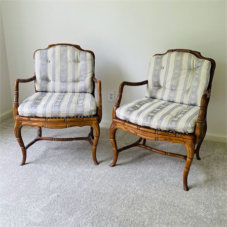 Carved Bamboo Style Caned Wood Occasional Chair Pair
