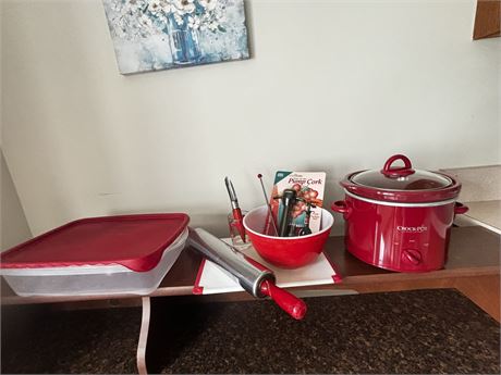 Red Kitchen Lot Pyrex 402 Vntg Bowl Crock Pot Rolling Pin Drink Stirrer Peeler
