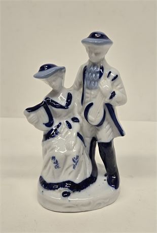 Vintage Blue and White Porcelain Colonial Couple w/ Musical Instrument
