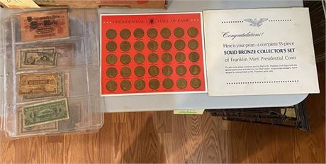 Vintage Presidential Hall of Fame Bronze Coin Set & Foreign Currency