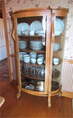 Antique Solid Oak Bow Front Glass Curio China Cabinet