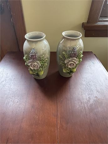 Pair of Vintage Applied Roses Vases