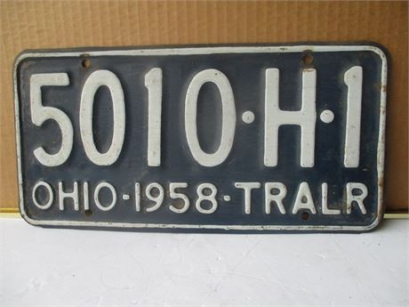Vintage 1958 State of Ohio Blue White Steel Single Trailer License Plate