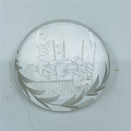 Vintage Etched Glass Soccer Imagery Paperweight