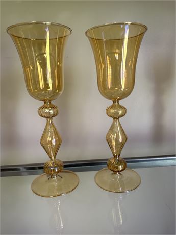 Vintage Italian Murano Hand Blown Amber Art Glass Wine Glasses- Set Of 2