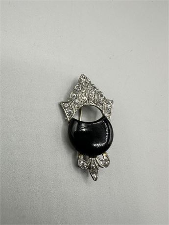 Vintage Black Cabochon Silver Brooch