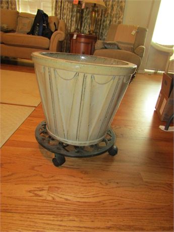 Large Ceramic Planter on Rolling Plant Stand