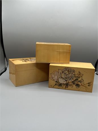 Antique Wooden Asian Floral Design Box Grouping