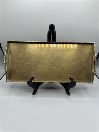 Vintage Asian Engraved Etched Long Brass Tray with Handles