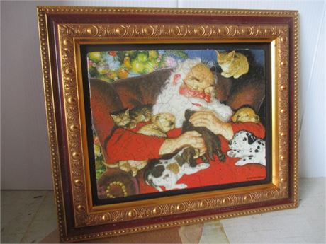 Fancy Framed 12" X 11" Santa Sleeping Jiig Saw Puzzle Art Picture