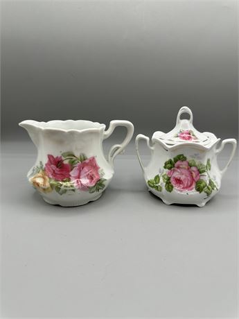 Vintage Hand Painted Porcelain Sugar Bowl & Creamer