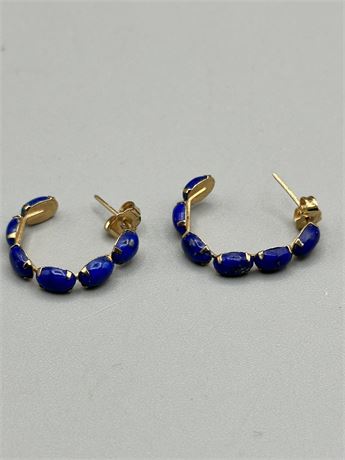 14k Yellow Solid Gold With Oval Cut Natural Blue Lapis Lazuil Stud Earrings