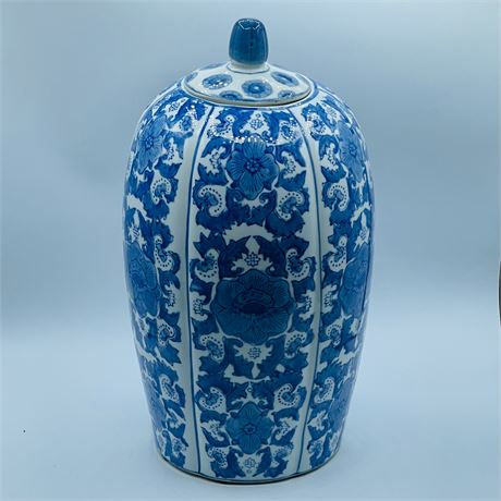 Traditional Blue & White Porcelain Large Elongated Onion Lidded Vase