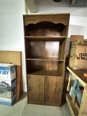 Tall Wood Cabinet With Shelves & Hooks For Storage