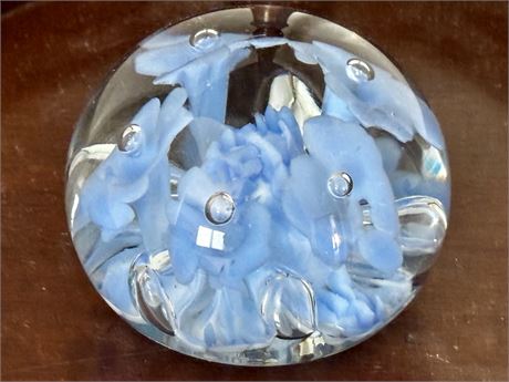 Art Glass Paperweight With  Beautiful Blue Florals