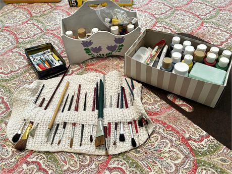 Lot Of Paints Brushes And Accessories