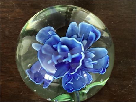 Art Glass Paperweight With Magnificent Blue Flowers