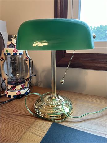 Vintage Bankers Light, Brass and Green Glass