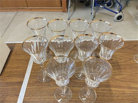 Set Of 10 Mikasa Crystal  Tall Stemmed White Wine Glasses Gold Rims