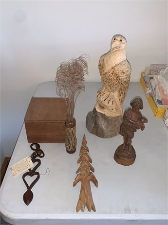 Vintage Shepherd with Lamp Statue and Other Wood Carved Decor