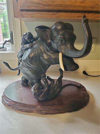 20th Century Japanese Bronze Sculpture on Wood Base - Elephant and Tigers