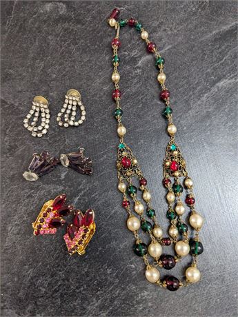 Vintage 3 Strand Necklace & Clip Earrings