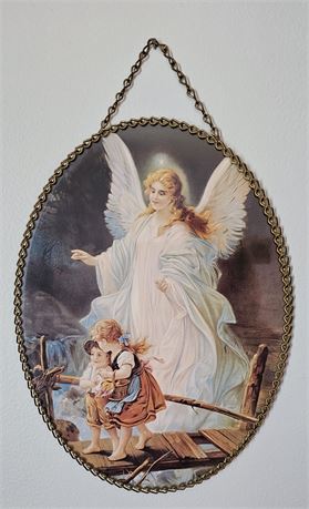 Vintage Guardian Angel Watching Over Children Wall Hanging