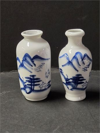 2 Tiny Hand Painted Blue White Asian Designed Vase
