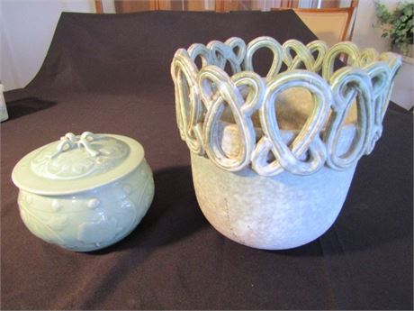 Chinese Celadon Lidded Bowl and Pottery Planter