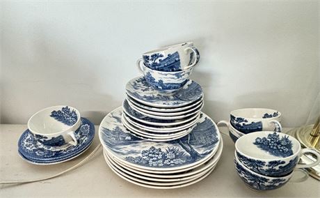 English Village Blue And White China  26Pcs In All Plates Cups And Saucers