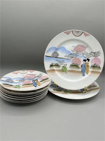 Antique Hand Painted Japanese "Geisha Girls" 9 Snack Plate