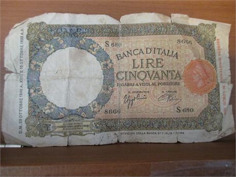 Great Finds Online Auctions - 1940 Banca D'Italia Lire Cinqvanta WWII ...