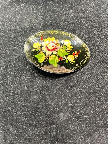 Antique Chinese Signed Brooch Hand Painted Black Lacquer
