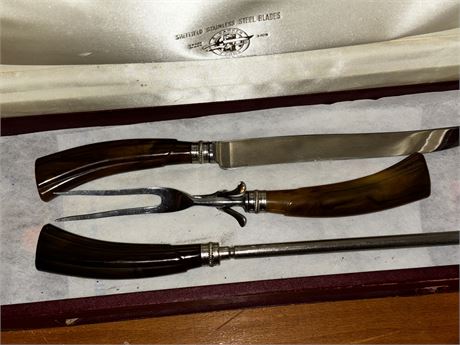 Sheffield E Parker & Sons Staghorn Carving Set In The Box