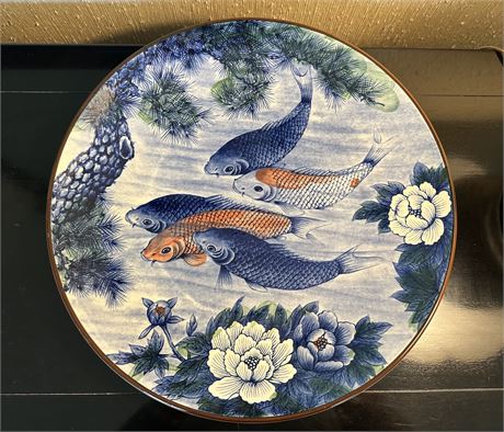 16in Vintage Japanese Toyo Koi Fishpond Porcelain Large Charger Platter