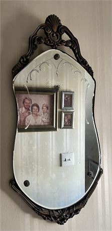 Vintage Carved Wood Framed Etched Mirror