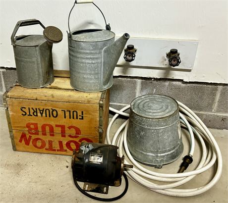 Lot Galvanized Metal Buckets Watering Csns Vntage Cotton Club Crate Hose Motor