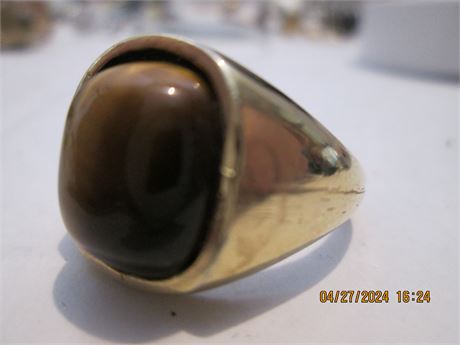 Vintage Men's Brown Cat's Eye Agate Gold Plated sz 10 Ring