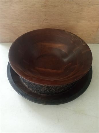 Vintage Walnut Bowl & Glass Mosiac Platter/ Tray